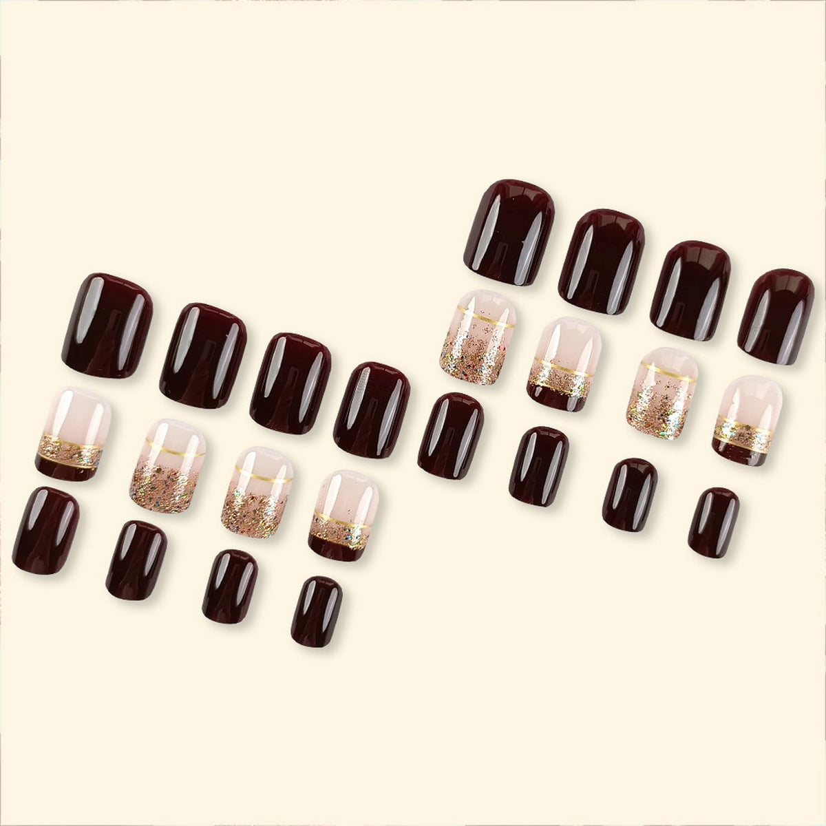 Fall Press on Nails Short Brown Fake Nails Glossy Full Cover Square False Nails with Glitter Design Stick on Nails for Autumn Press ones Reusable False Nails for Women Girls DIY Manicure 24Pcs