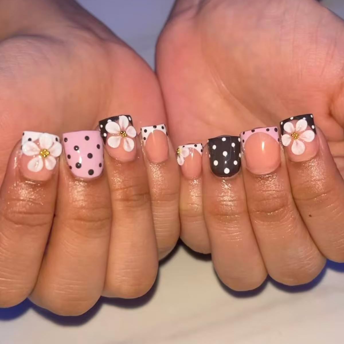 Polka Dot Press on Nails Short - Square Fake Nails with 3D Flower Designs Spring Glue on Nails Pink & Brown French Tip Nails Press ons Glossy Full Cover Stick on Nails for Women Girls 24Pcs