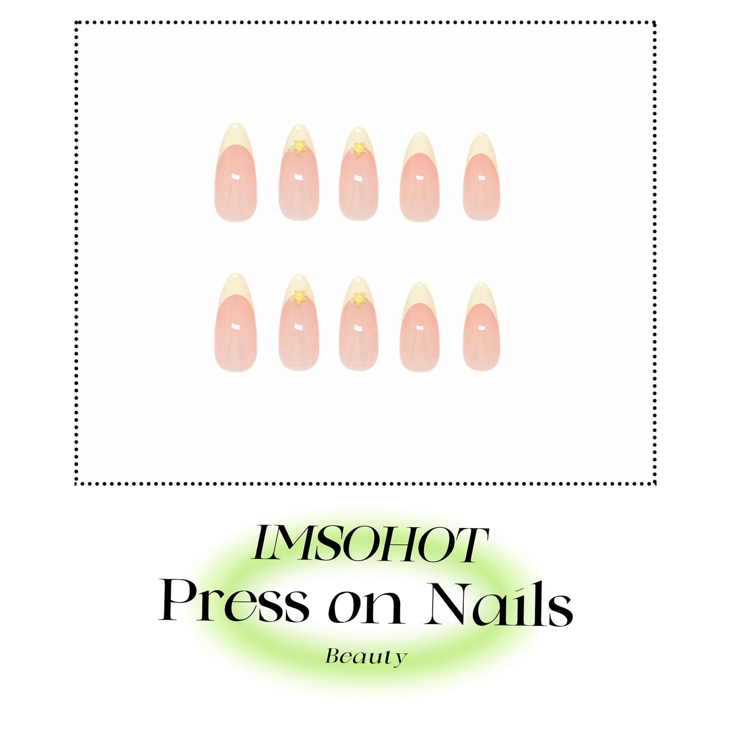 IMSOHOT Press on Nails Long Stiletto Fake Nails with Golden Star Charms Designs Yellow French Tip Glossy Acrylic False Nails Full Cover Gel Almond Nail Supplies