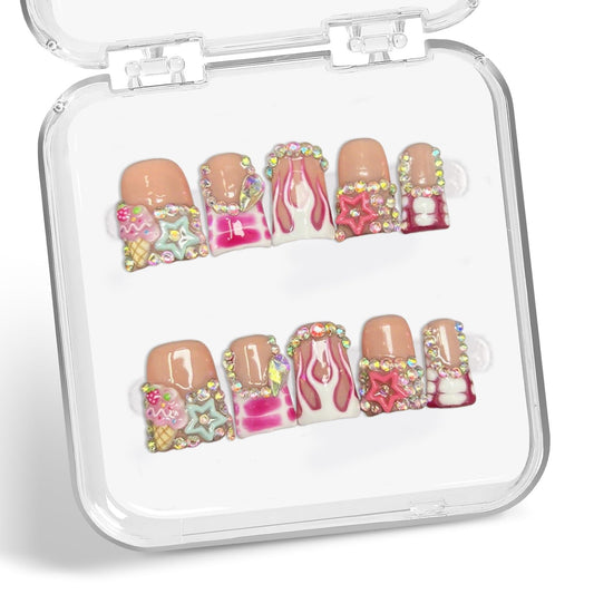 Handmade Press on Nails Short Duck 3D Rhinestones French Tip Thick Acrylic Fake Nails Pink False Nails with Cute Stars Ice Cream Designs Muti-Layer Gel Stick on Nail Art Press on Nail for Women（M)