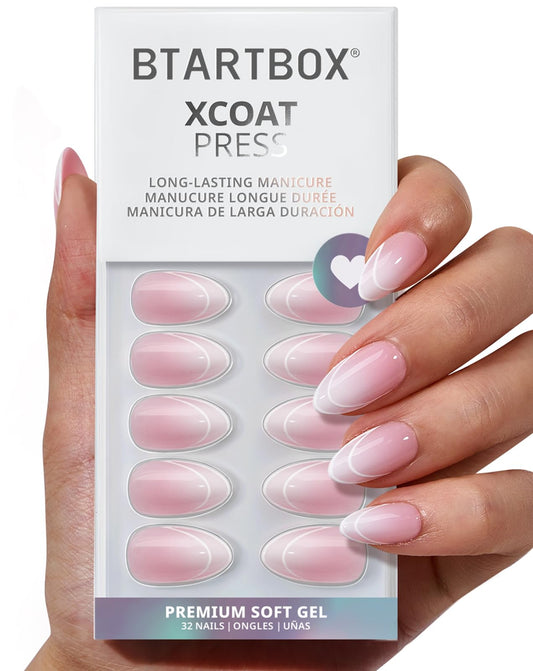 BTArtbox French Tip Press On Nails - Gentle Care, Lamp-Curable 4-Week Wear Pink Ombre Short Almond Press On Nails with Glue and Adhesive Tabs, Easy-to-Apply in 16 Sizes - 32 Nails All-in-One Kit