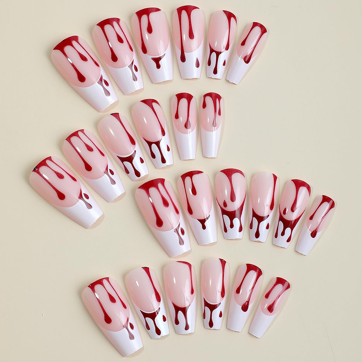 Halloween Press on Nails Long Square Fake Nails with Design Red Blood Drops Glue on Nails White French Tip False Nail Full Cover Coffin Nail Press Ons Acrylic Stick on Nail for Women 24Pcs