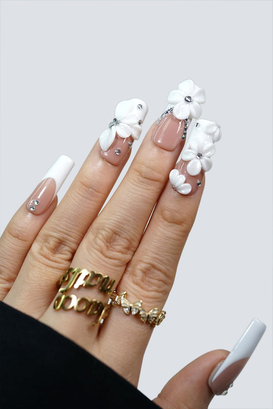 Nelaoco 10PCS Handmade Press On Nails REUSABLE 3D Gel Fake Nails Acrylic Slim Natural Profile Glassy Shine & Detail-Focused Finish (Gardenia Frost - S)