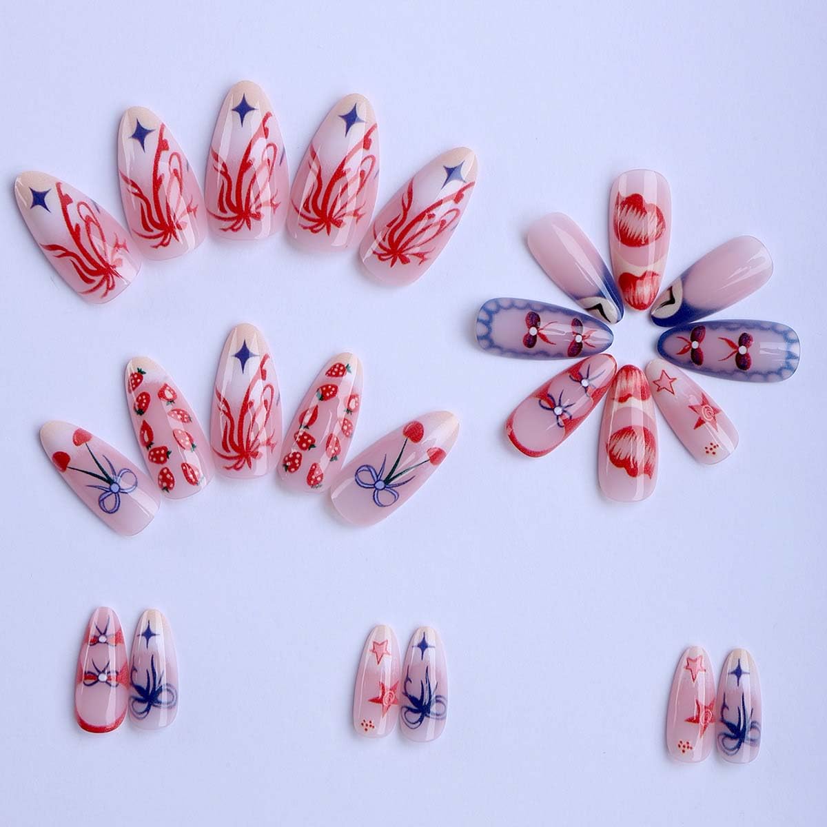 LINMEIZAI 24 Pcs Cute Press on Nails Short Almond French Tip Y2K Fake Nails Press ons Nail Tips Glue on Nails Acrylic Nail Kit with Strawberry Bow Design False Nails Stickers Nail Art for Women