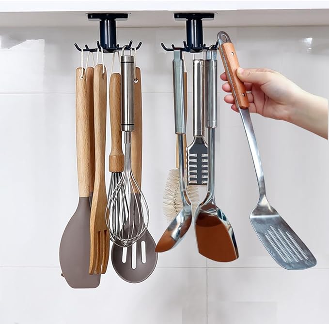 2pcs 360 Â°Rotation Utility Hooks,Under Cabinet Kitchen Hooks,Storage Shelf rv Must Haves,Nail Free Adhesive Kitchen Utensils Hanging Hooks for Kitchen Utensils/Tools/Towel/Knife(Black)