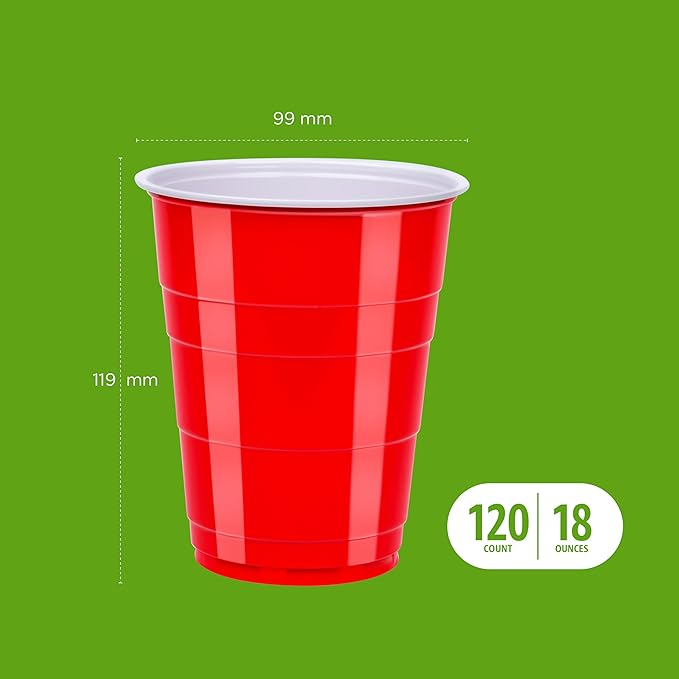 Amazon Basics Disposable Red Plastic Party Cups, BPA-Free, 18oz, for Birthdays, BBQs and Events, 120 Count (Pack of 2)