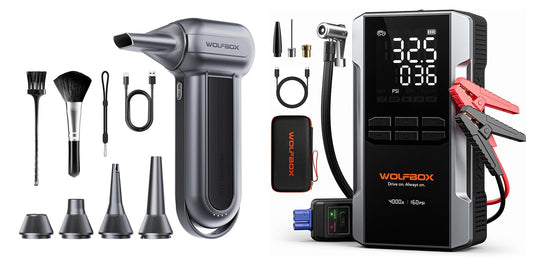 WOLFBOX 4000A Jump Starter with 160PSI Air Compressor, 12V Car Battery Booster;and MF100 Electric Air Duster-150000RPM Super Power Cordless Air Duster, Rechargeable Brushless Motor Durable Blower