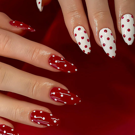 IMSOHOT Press on Nails Medium Almond Fake Nails Red White Polka Dot False Nails Glossy Artificial Handmade Acrylic Glue on Nails for Women Girls Manicure 24Pcs