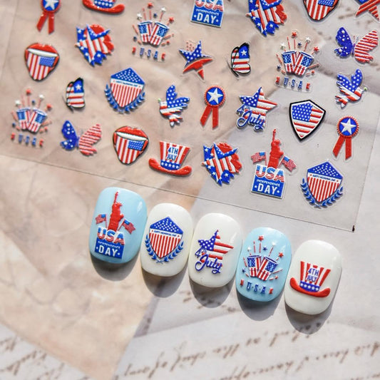 Independence Day Nail Stickers 5D Embossed Red Blue Star Summer Nail Decals Self-Adhesive Peace Dove Uncle Sam Hat Nail Designs 4th of July Nails Art Decoration for Women Manicure 1 Sheet