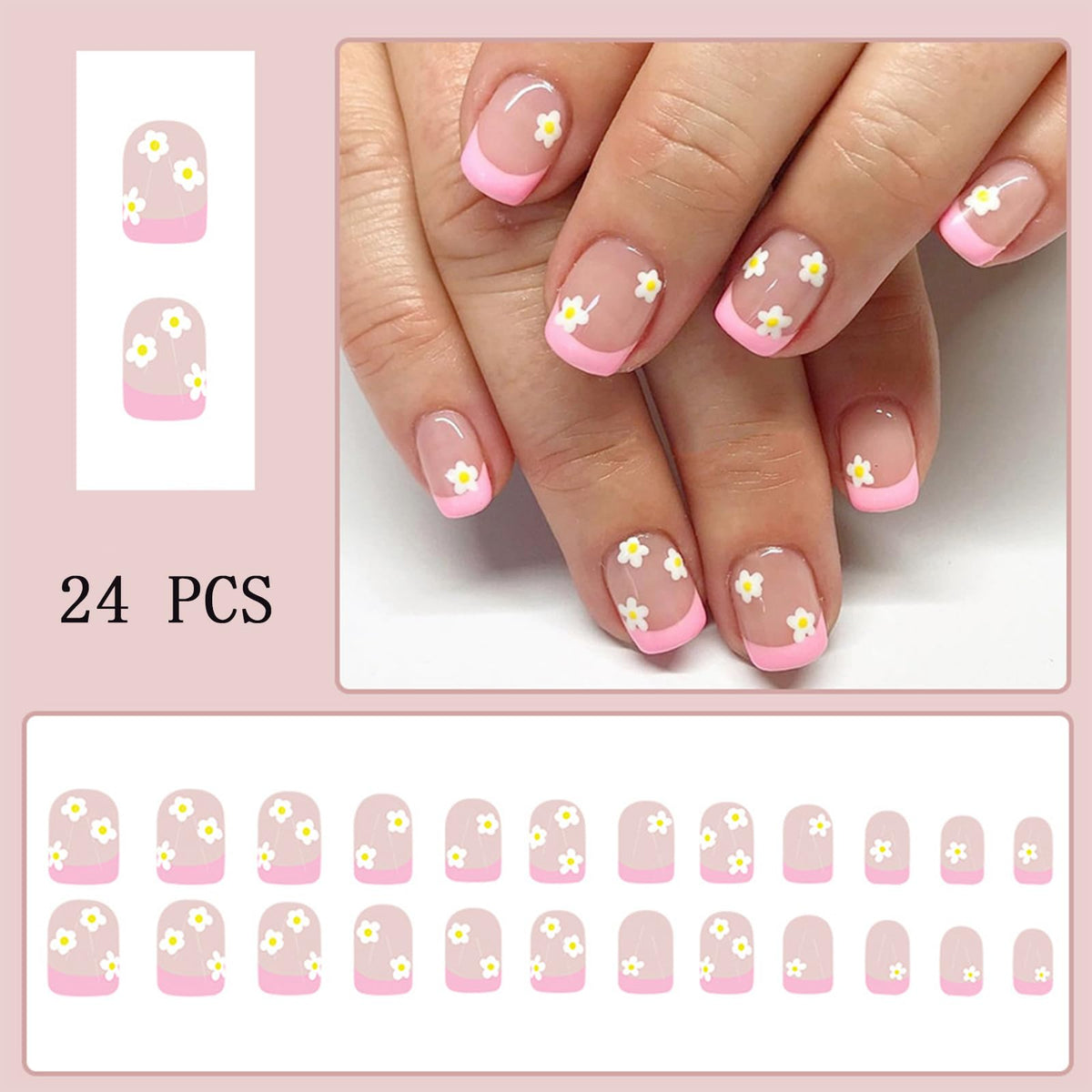 Pink French Tip Press Nails Short Square False Nails Yellow Daisy Flowers French Tip Design Cute Floral Artificial Nails for Women Girls Nail Art Decoration 24pcs