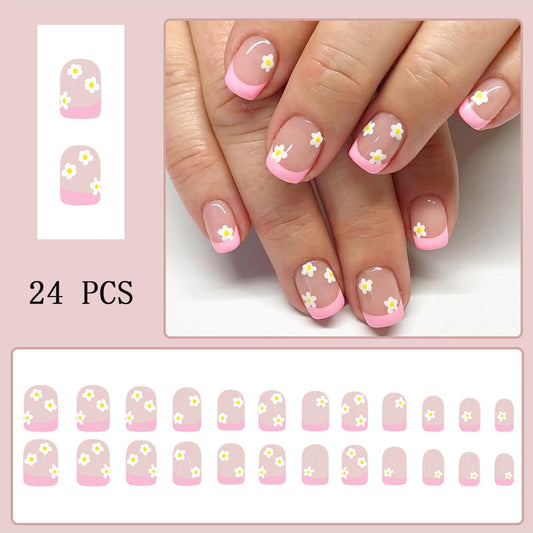 Pink French Tip Press Nails Short Square False Nails Yellow Daisy Flowers French Tip Design Cute Floral Artificial Nails for Women Girls Nail Art Decoration 24pcs