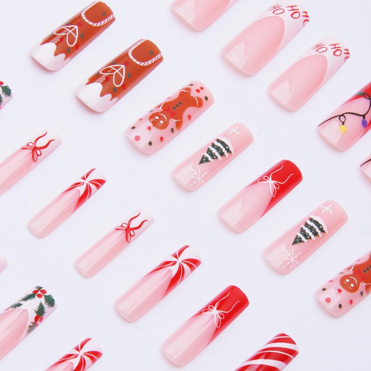 24PcsChristmas Press on Nail Long Square Red French Tip Fake Nails Holiday False Nails with Snowflake Christmas Tree Gingerbread Man Stripe Design Xmas Glue on Nails Full Cover Acrylic Nail for Women