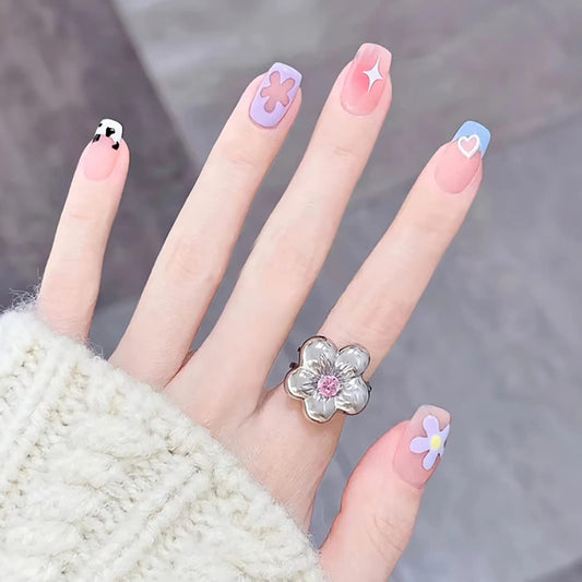 Press on Nails Short Coffin Shape Full Cover Reusable False Nails Kits Glue on Nails with Flower Designs Artificial Glossy Fingernails Acrylic Fake Nails for Women Stick on Nails Square