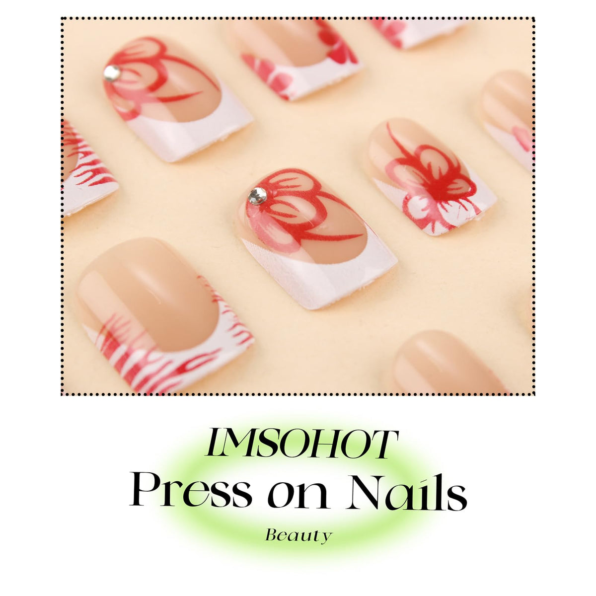 IMSOHOT White French Tips Press on Nails Short Square Fake Nails with Red Flower Design Full Cover Glossy Glue on Nails Acrylic Artificial False Nails for Women Stick on Nails 24Pcs