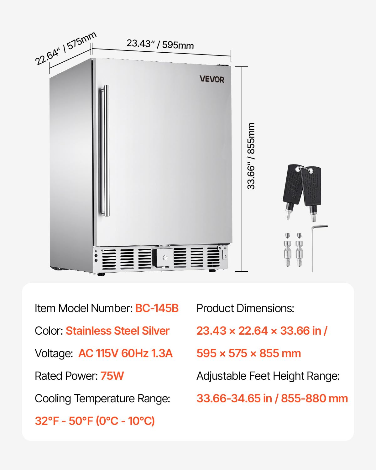 VEVOR 24-Inch Indoor/Outdoor Beverage Refrigerator, 150 QT Freestanding or Undercounter Beverage Fridge, 180 Cans Built-in Beer Fridge with Stainless Steel Body for Residential Home Bar Commercial Use