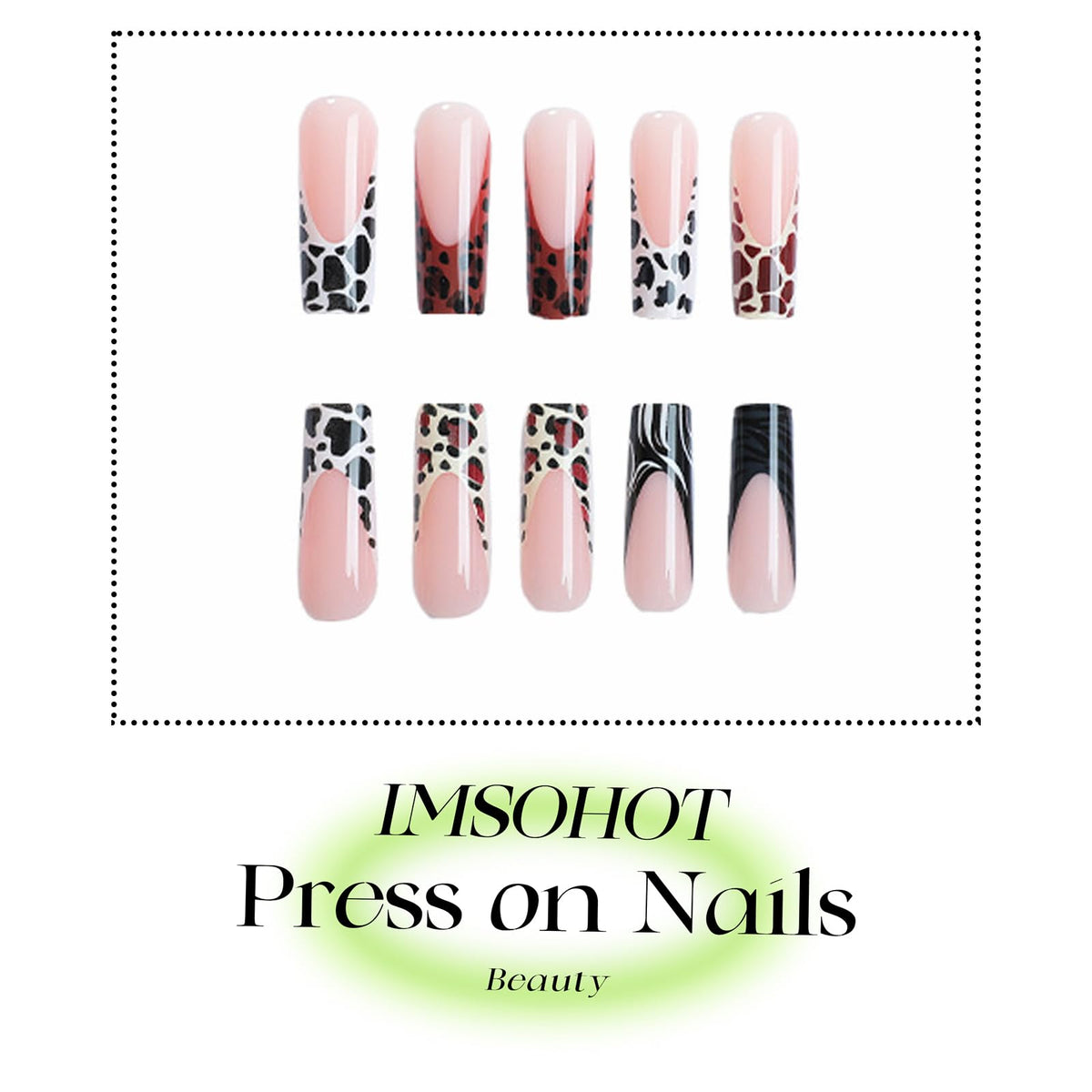 IMSOHOT Fall Press on Nails Long Square Fake Nails Glossy Brown French Tips False Nails with Zebra Stripes & Leopard Print Designs Full Cover Acrylic Glue on Nails for Women 24Pcs