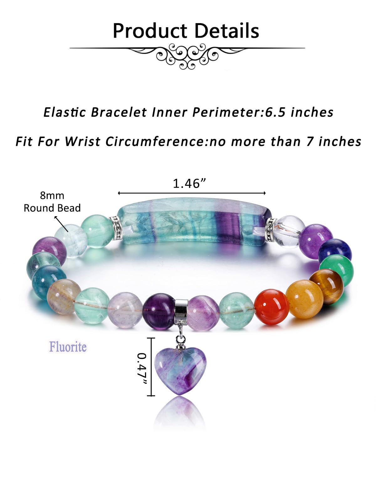 Jovivi 7 Chakra Bracelets for Women Men Natural Chakra Gemstones 8mm Round Beads Fluorite Crystal Heart Bracelet Reiki Healing Stones Energy Stretch Bracelet Jewelry Gifts