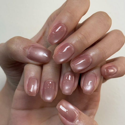 KQueenest Cat Eye Press on Nails Short, 30 Pcs Acrylic Press on Nails Square, Sparkly Glitter Light Pink Fake Nails Press on Short, Reusable Chrome Soft Gel Glue on Nails for Women Gift