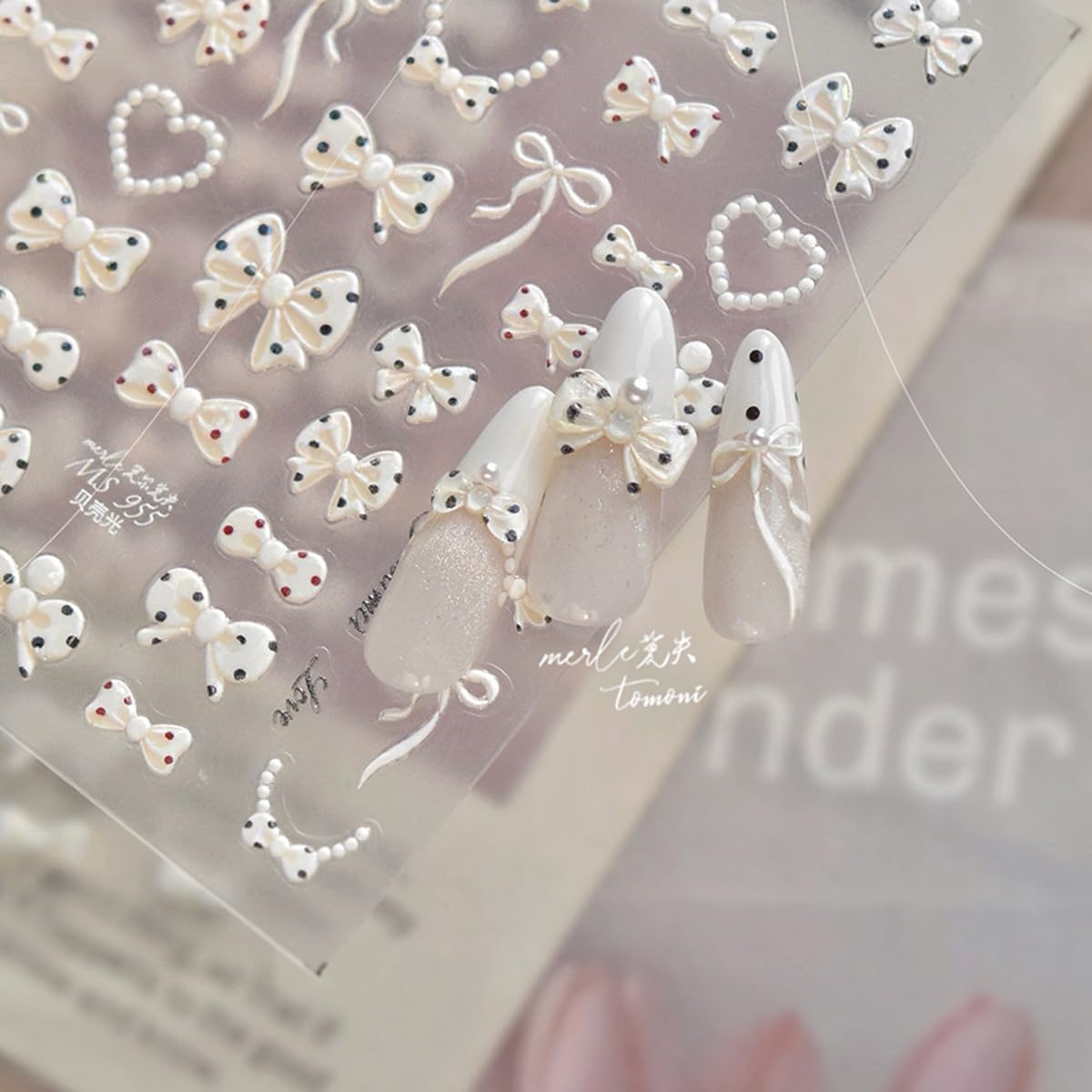 White Bow Nail Art Stickers 5D Embossed Nail Stickers for Nail Art Polka Dot Nail Decals with Pearl Heart Chain Design Cute Nail Supplies for DIY Manicure Self Adhesive Nails Design for Women 1 Sheet