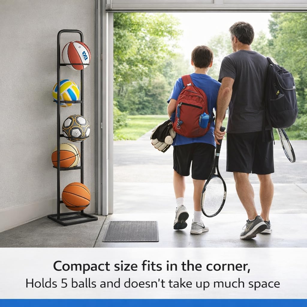 MLUPODY Vertical Ball Rack -basketball rack- Durable Carbon Steel Storage for Basketball, Soccer, Volleyball, and More - Easy to Assemble, Waterproof, Sturdy - 56.7" H"
