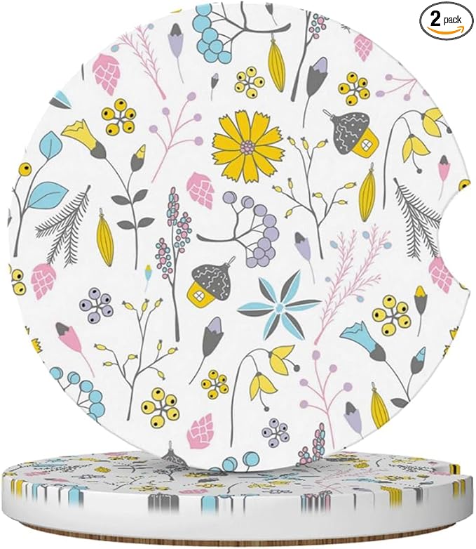 Car Cup Holder Coasters, 2 Pcs Ceramic Coasters with Cork Back and Finger Slot, Anti-Slip Shock Absorbing Women and Men Universal Car Accessories - Lovely Flower