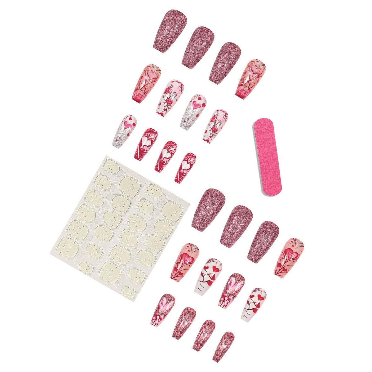 Valentine's Day Press on Nail Long Coffin Fake Nails with designs Pink Press ones Full Cover Hearts Stick on Nail Glitter Acrylic False Nails Reusable Glue on Nails for Women Romantic Manicure24pcs