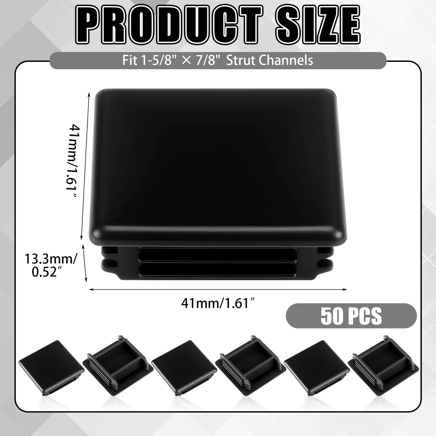 MorningRo 50 Pcs 1-5/8" Black Square Plastic Strut Channel End Caps PVC Strut Channel Safety End Caps Rectangle Plug Frame Protectors"