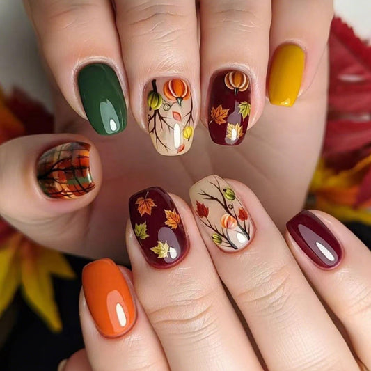 Fall Maple Leaf Press on Nails Medium Square Fake Nails with Pumpkin Designs Autumn Maple Leaves Thanksgiving Colorful Plaid False Stick on Nail for Women Girls Manicure Decorations 24Pcs