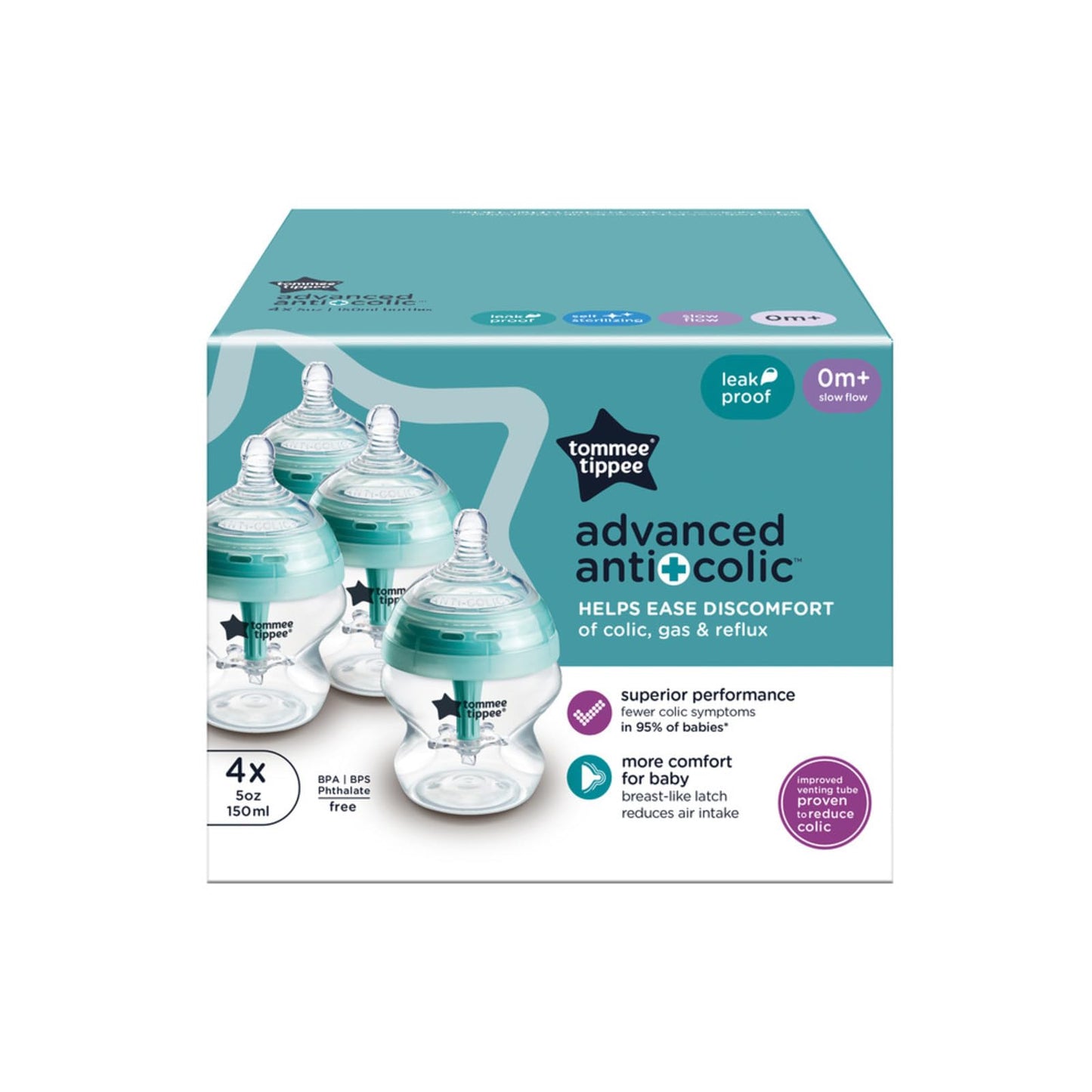 Tommee Tippee Advanced Anti-Colic 5 oz BPA Free Baby Bottles, Newborn 0+ Months, Slow Flow Breast-Like Nipple, Unique Design Keeps Air Away from Milk and Baby, Clear, Pack of 4