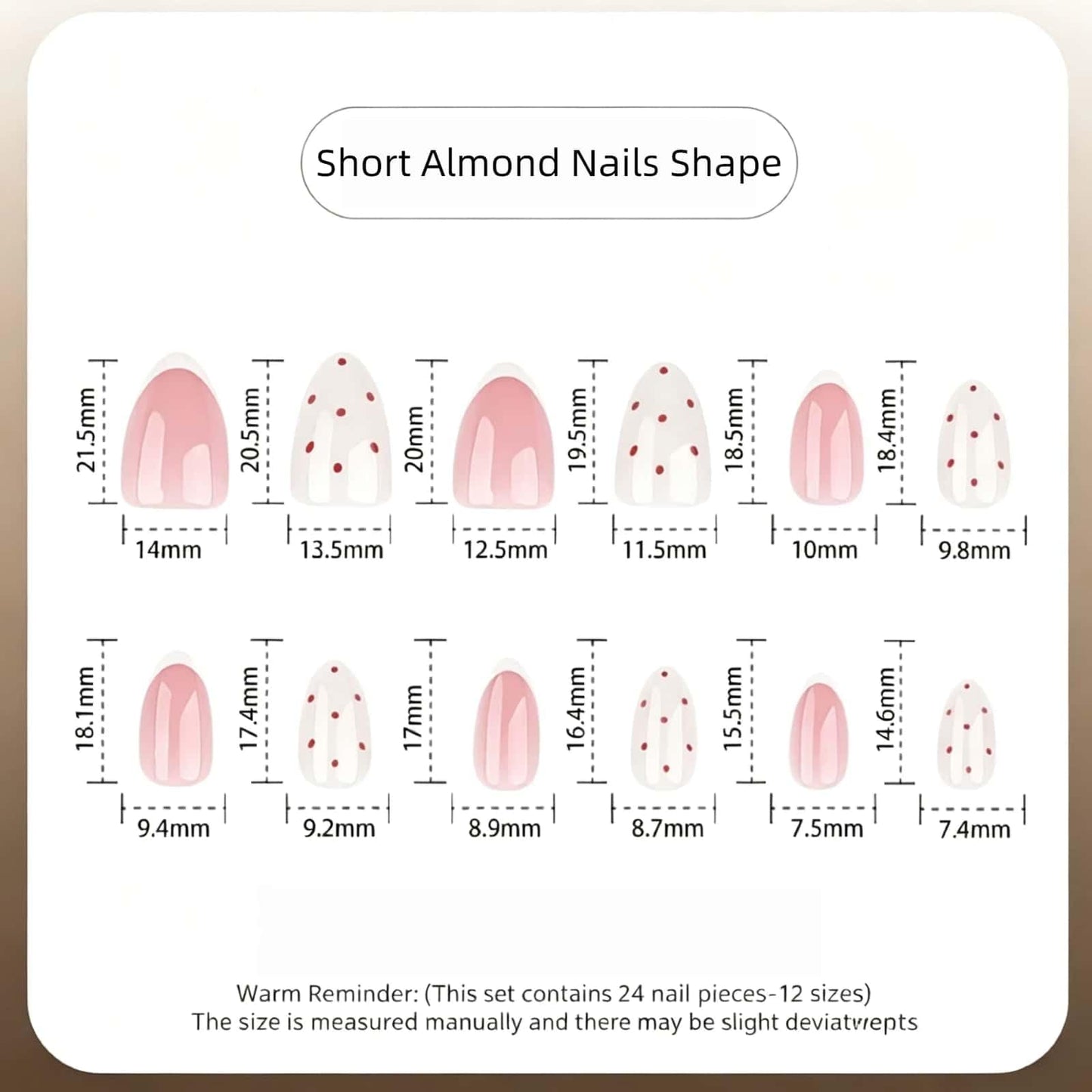CLYHLTMZ Short Almond Press On Nails White French Tip Nude Pink Fake Nails with Cute Brown Polka Dot Designs Glossy Acrylic Full Cover Glue On Nails Reusable Stick on Nail for Women 24 Pcs