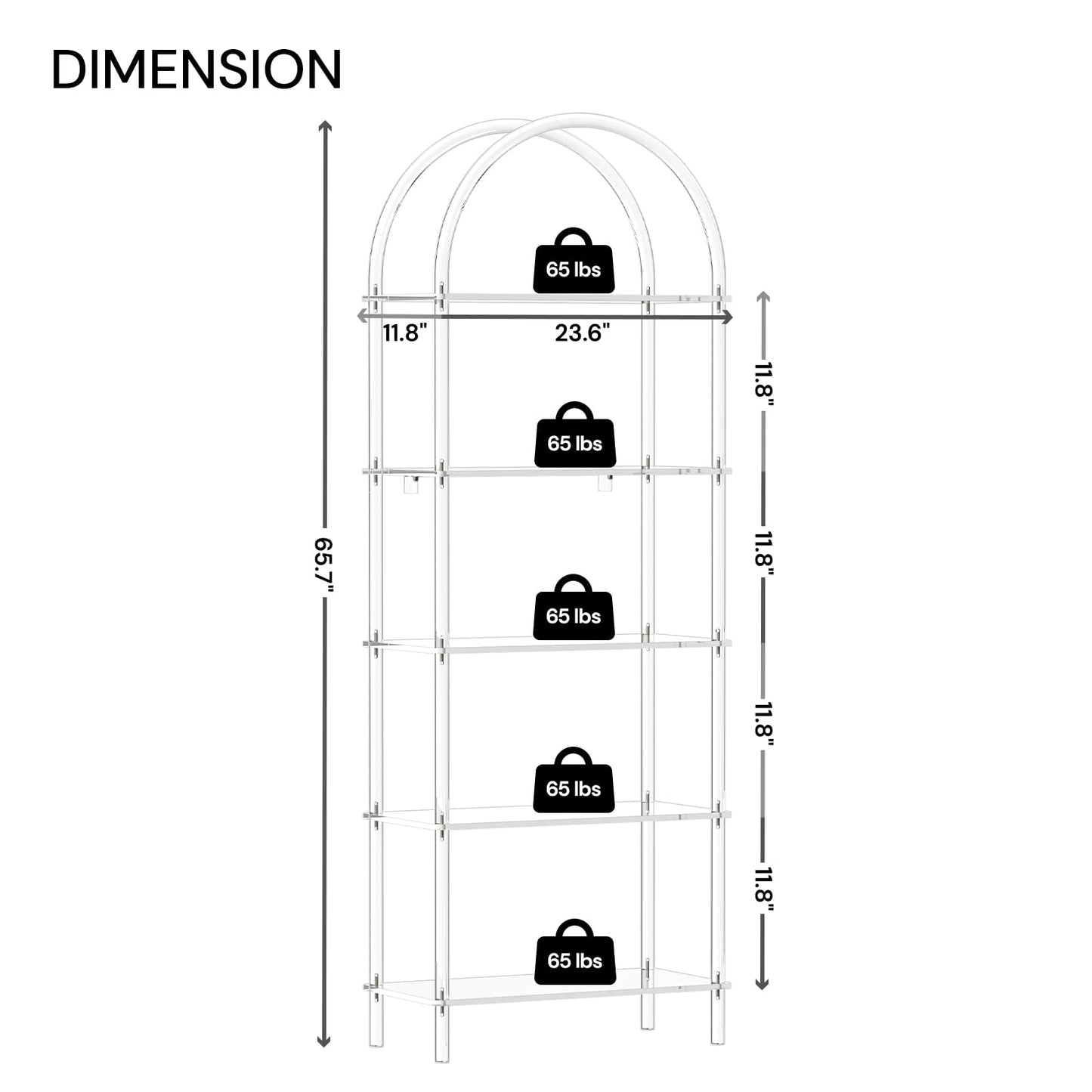 CRTERICX Acrylic Arched Bookshelf, 5-Tier Clear Bookcase, Modern Open Book Shelves for Home Office, Bedroom, Living Room, 11.8" D x 23.64" W x 65.7" H