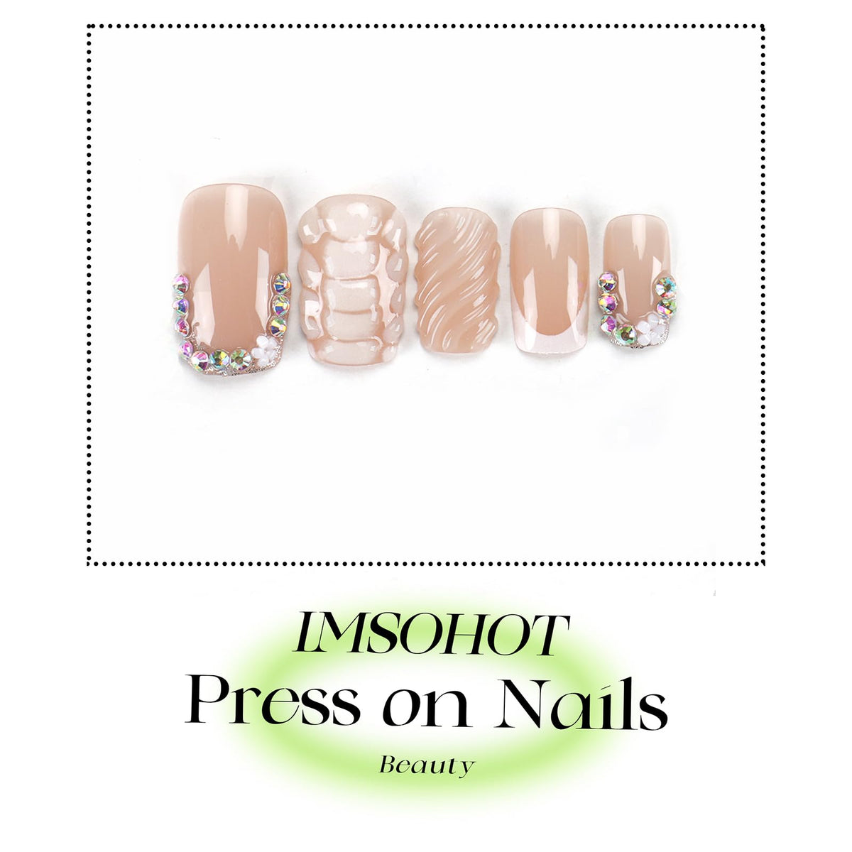 IMSOHOT Press on Nails Square Short Fake Nails French Tips False Nails with Rhinestone Design Glossy Glue on Nails Full Cover White Crocodile Print Acrylic Nude Nail Supplies for Women Girls