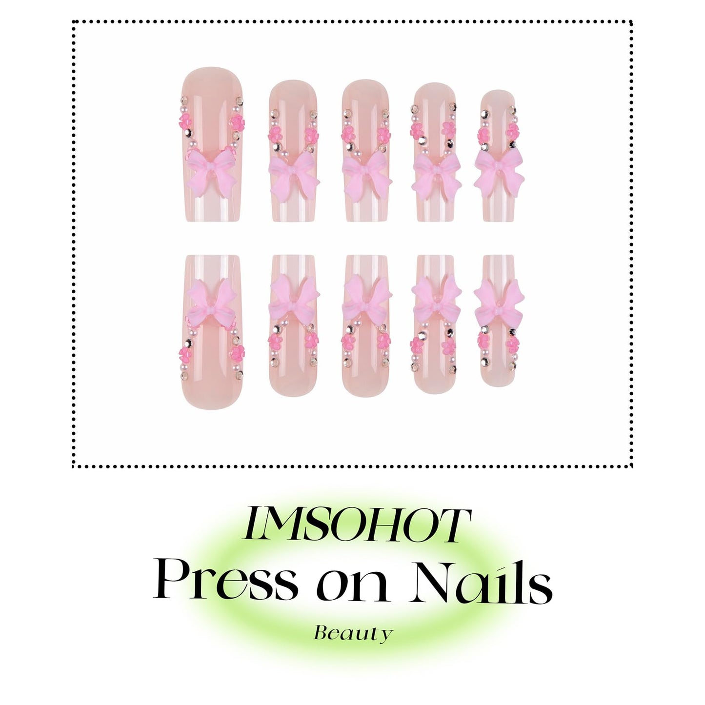 IMSOHOT Press on Nails Long Square Fake Nails White French Tips Acrylic False Nails with Pink Flower & Bow Designs Glossy Glue on Nails for Women Girls DIY Manicure Decorations 24Pcs