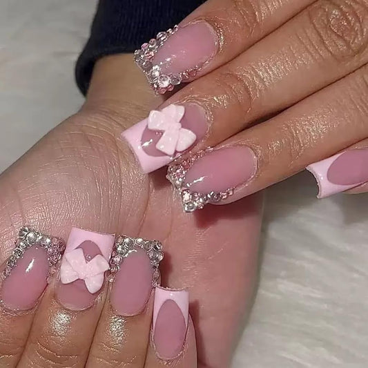 CTTHNBD Press on Nails Square - Medium Fake Nails with Bow Deisgn - Rhinestone, Pink French Tip False Nails - for Women 24 Pcs
