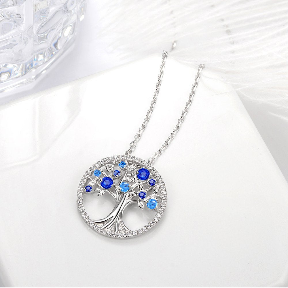 Tree of Life Jewelry Necklace Earrings Set Women March Birthstone Birthday Gifts Wife Mom Aquamarine Sapphire Sterling Silver