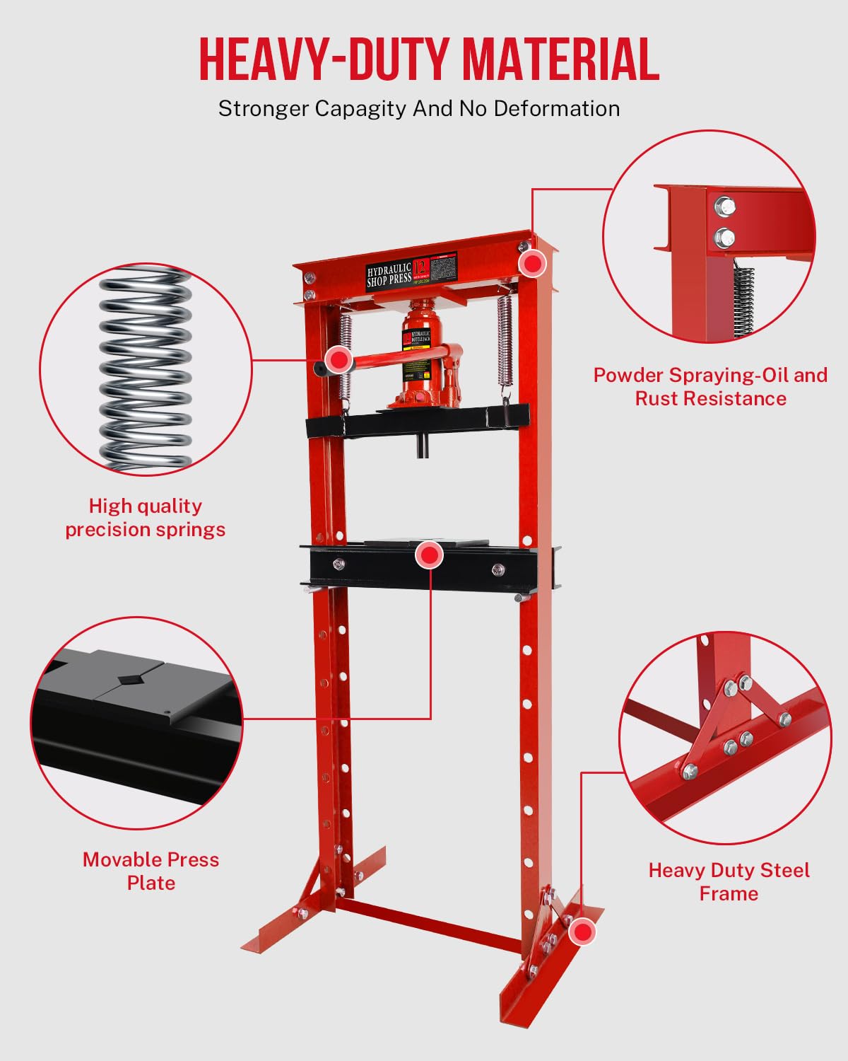 Hydraulic Press, 12 Ton H-Frame Garage Floor Adjustable Shop Press with Stamping Plates to Bend, Straighten, Or Press Parts, Install Bearings & U-Joints