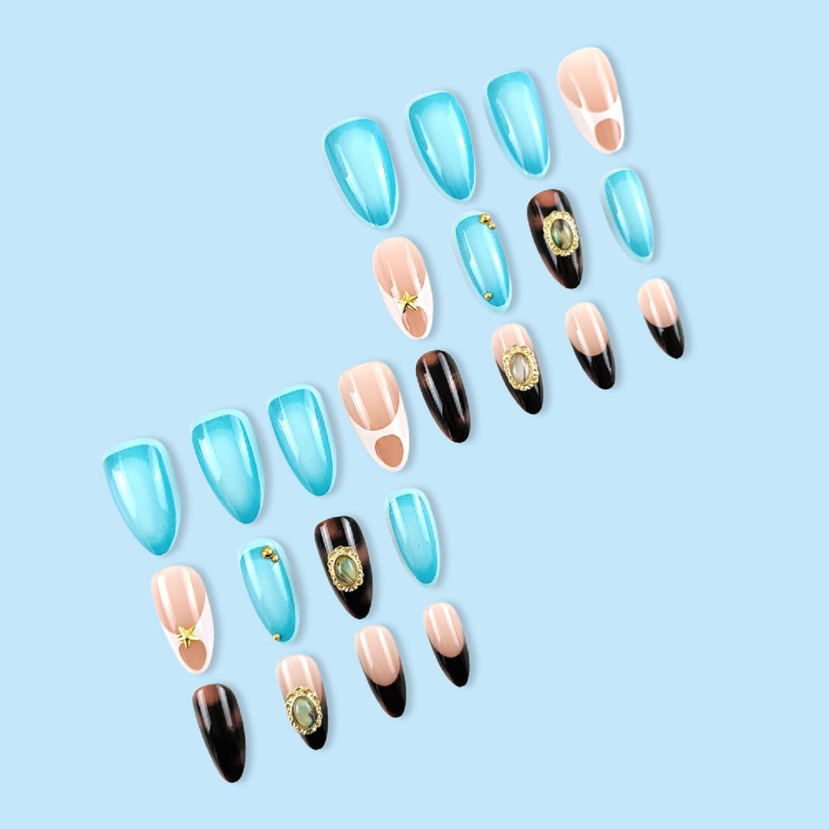 Medium Almond Press On Nails French Tip Fake Nails Star With Metal Charms Design Blue False Nails Full Cover Artificial Glue On Nail Acrylic Reusable Stick On Nail For Women Manicure Art 24pcs