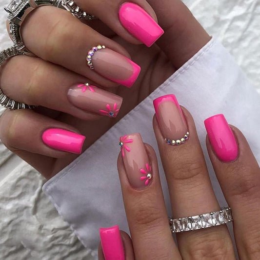 CTTHNBD Press on Nails Square - Medium Fake Nails with Flower Deisgn - Hot Pink, French Tip Stick on False Nails for Women - 24 Pcs