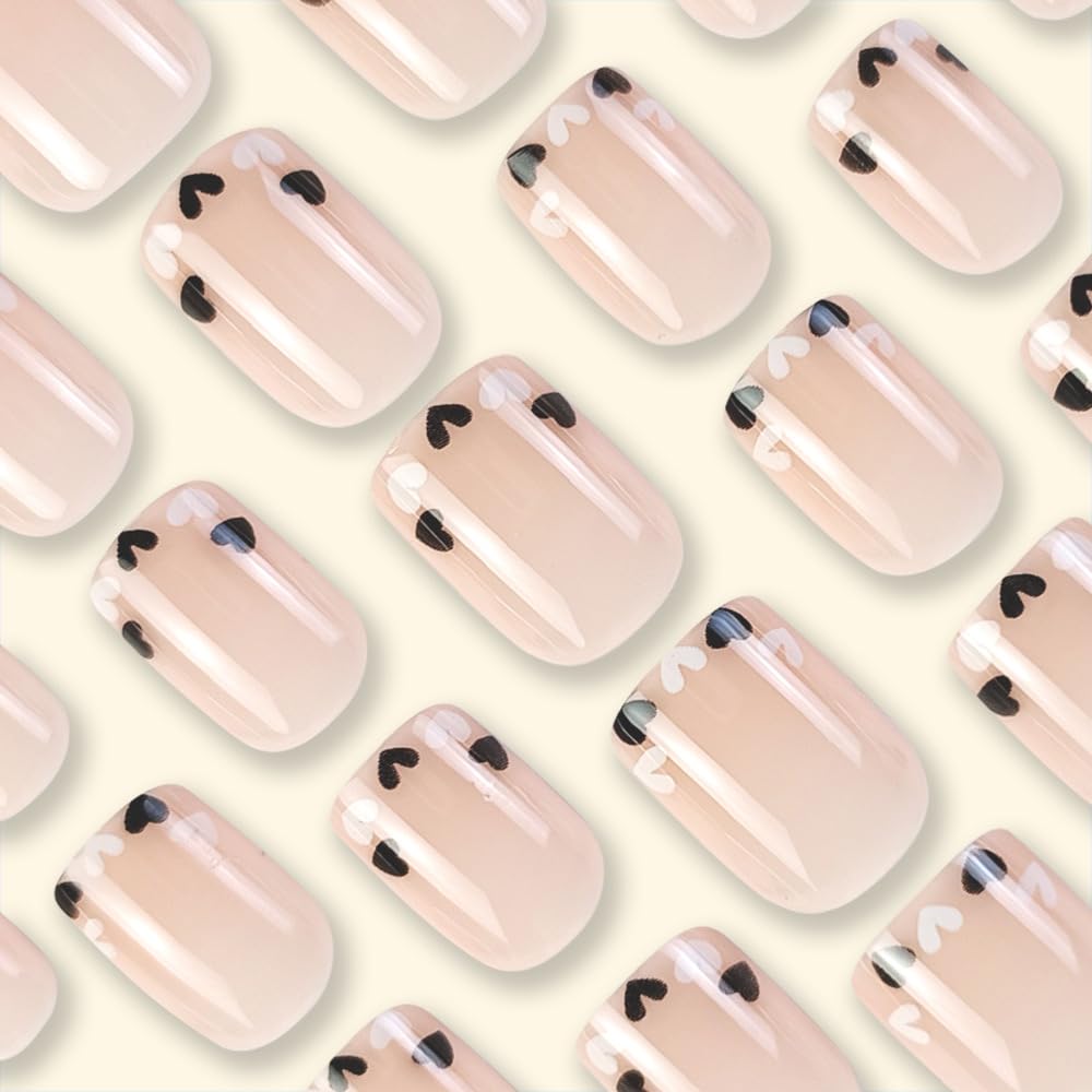 Short Square French Tip Fake Nails with Heart Love Design - Cute Nude Nature Squoval False Glossy Glue on Nails 24 Pcs