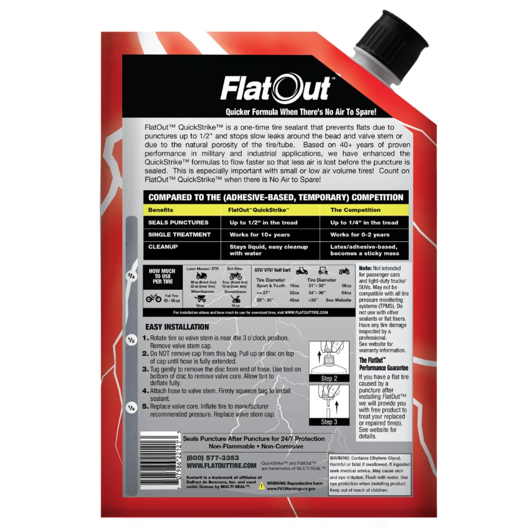 FlatOut QuickStrike Tire Sealant - Off-Road Formula - Prevents Flat Tires - Seals Leaks - Contains Kevlar - Tubeless Tire Sealant - 32-Ounce Bag - Pack of 4