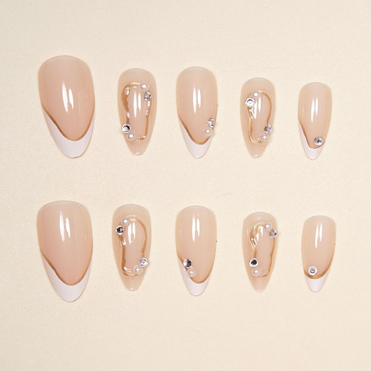 White French Tip Press on Nails Medium Almond Fake Nails Luxury Gold Line Design 3D Pearl Rhinestones Acrylic Nails Nude Full Cover Glue on Nails Reusable French False Nails for Women Manicure 24Pcs