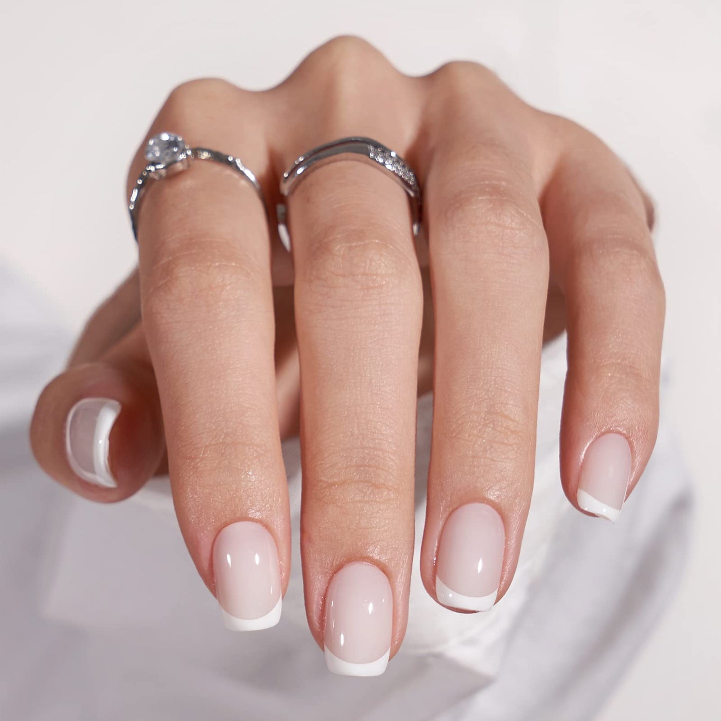 BTArtbox Press On Nails - White French Tip Press on Nails Square, Glue On Nails for Wedding Gift, Supremely Fit & Natural Stick On Nails in 15 Sizes - 30 Fake Nails Kit, Classic French
