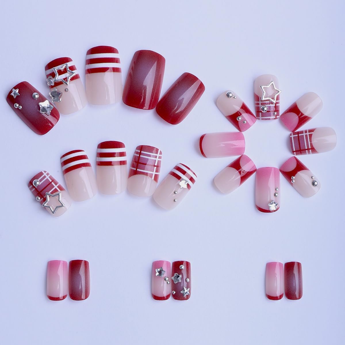 plalely Square Press on Nails Medium Pink Fake Nail 3D Star Charms with Stripes Acrylic Nail Press ons Y2K Style Stick on Nail for Women 24pcs