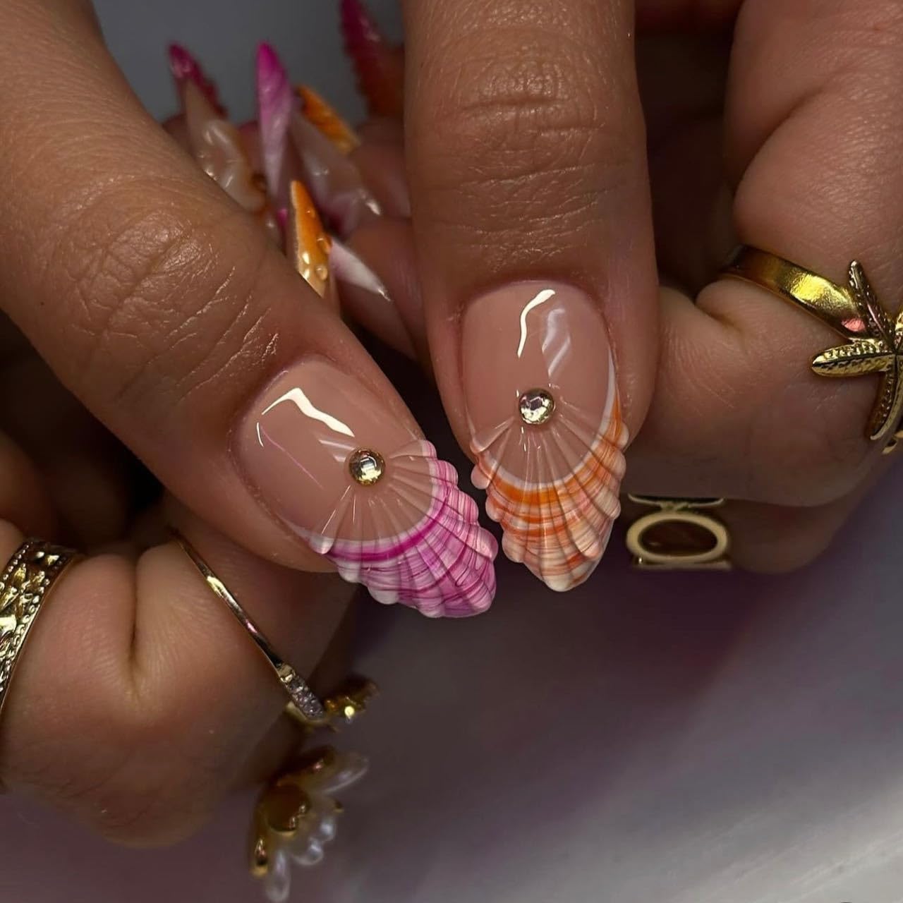 Almond Press on Nails Medium Length 3D Summer Fake Nails with Designs French Tip Nails press ons Embossed Pink Orange Flower False Nail French Manicure Glossy Full Cover Stick on Nails for Women 24PCS