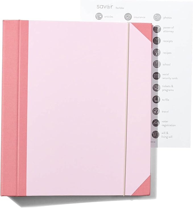 The Folio® Important Document Organizer by Savor | Binder with Guided Labels, Acid-Free File Folder with 10 Pockets for Home, Legal, Medical Papers | Mother’s Day Gift for Moms, Records Storage (Pink)