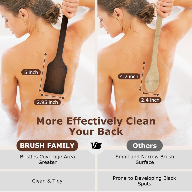 Shower Back Scrubber with Curved Long Handle, Medium-Hard Natural Boar Bristles Back Scrubber for Shower for Men and Women Exfoliator Set with Foot File (2 Pack)