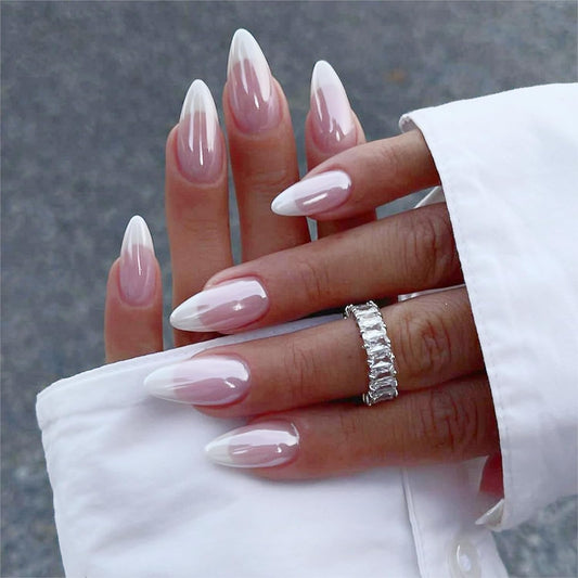 French Tip Press on Nails - Medium Almond Fake Nails - Chrome Design Full Cover Stick on False Nails - for Women 24 Pcs