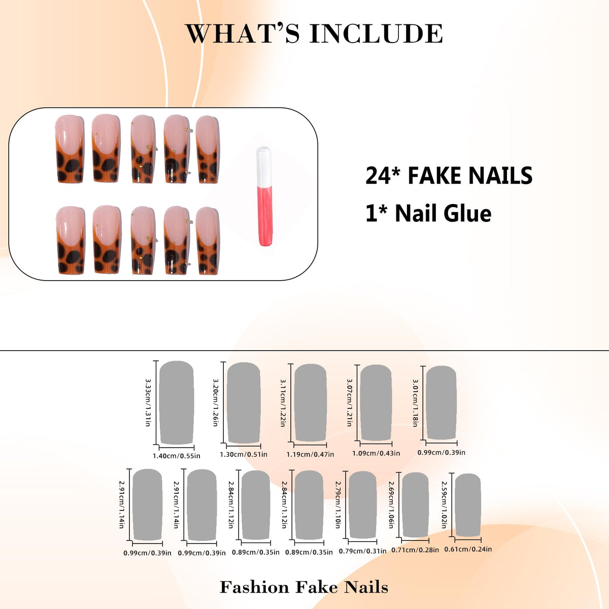 IMRAIN Brown Press on Nails Long Square Fake Nails Leopard Print French Tips False Nails with Golden Bead Designs Glossy Fall Full Cover Stick on Nails for Women Nail Art Manicure