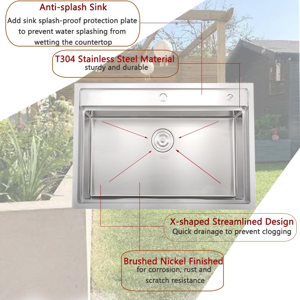 WMXQX 33 Inch Drop In Kitchen Sink Splash Guard Workstation, 33x19 Kitchen Sink Drop In Stainless Steel Top Mount Sinks 16 Gauge Rounded Corner Single Bowl 10" Deep Basin with Cutting Board