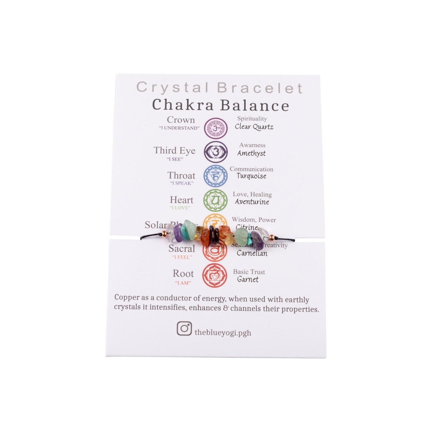 The Blue Yogi Chakra Balance Crystal Bracelet with Natural Gemstone Chips & Copper, Reiki Infused Unisex Yoga Wish Band with Tie Closure